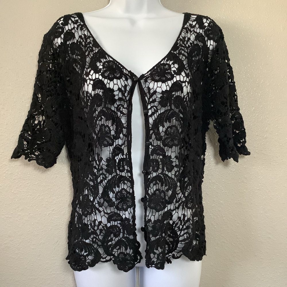 Vintage Y2K Black Crochet Dark Feminine Cottagecore‎ Fairy Cotton Cardigan L